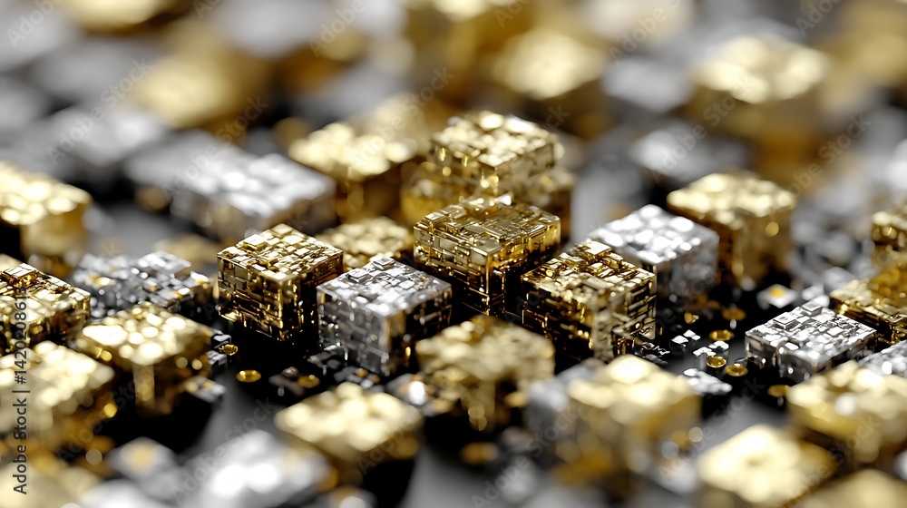 Metallic Cubes in Silver and Gold A Detailed Macro Perspective of Abstract Digital Art. Metallic Cubes in Silver and Gold A Detailed Macro Perspective of Abstract Digital Art.