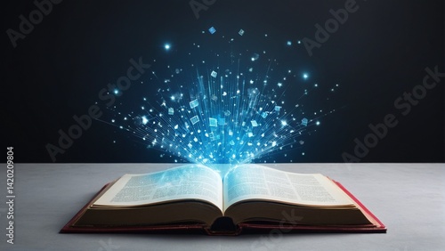 Unveiling Knowledge: A luminous book radiates with the power of stories, imagination, and learning through sparkling, energetic bursts of light and information.