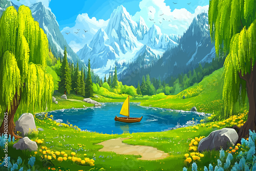 Sailing boat landscape with mountains and lake