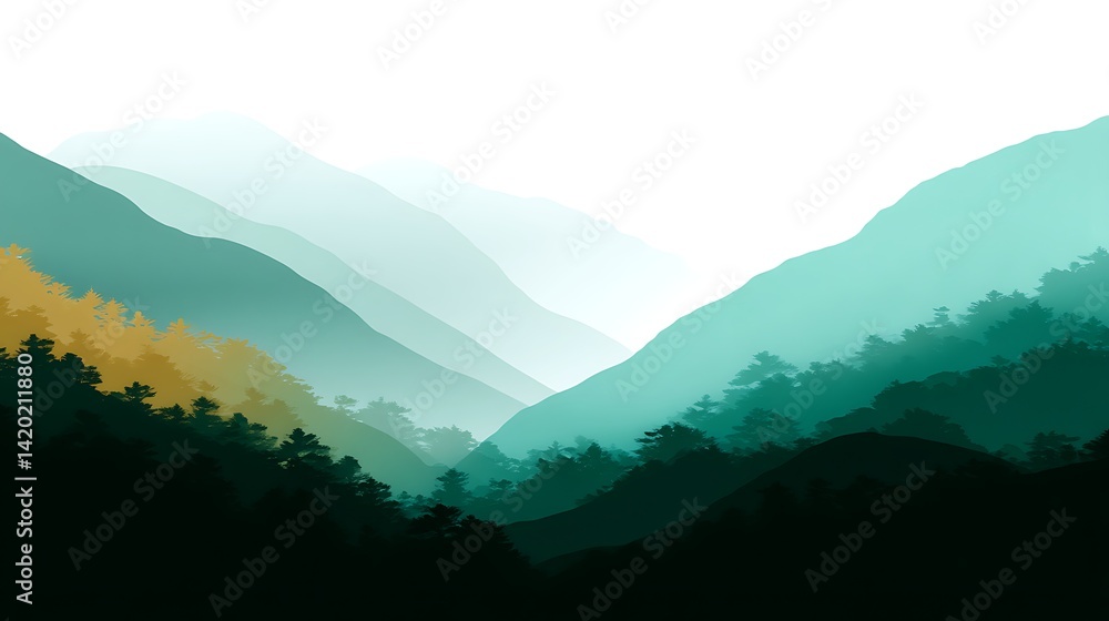 Fototapeta premium Misty Mountain Range Silhouette with Trees and Forest View in Natural Gradient Hues Art.