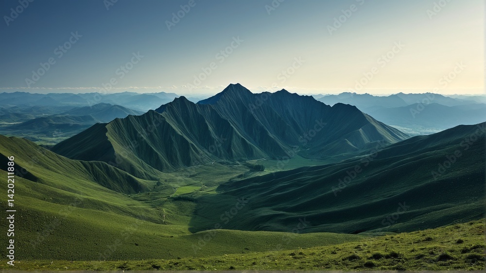 Fototapeta premium Majestic Green Mountains Under a Tranquil Sky: A Sweeping Vista of Undulating Peaks and Verdant Slopes in Harmony.