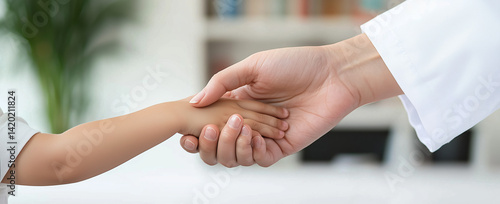 A female doctor in a white coat gently holding hands with a young child in a healthcare setting. The scene conveys compassion and trust in family healthcare.