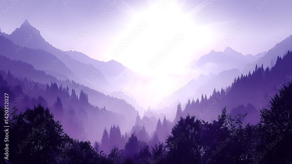 Obraz premium Misty Mountain Vista With Silhouette Forest in the Distance a Serene Landscape of Peaks and Evergreen Trees