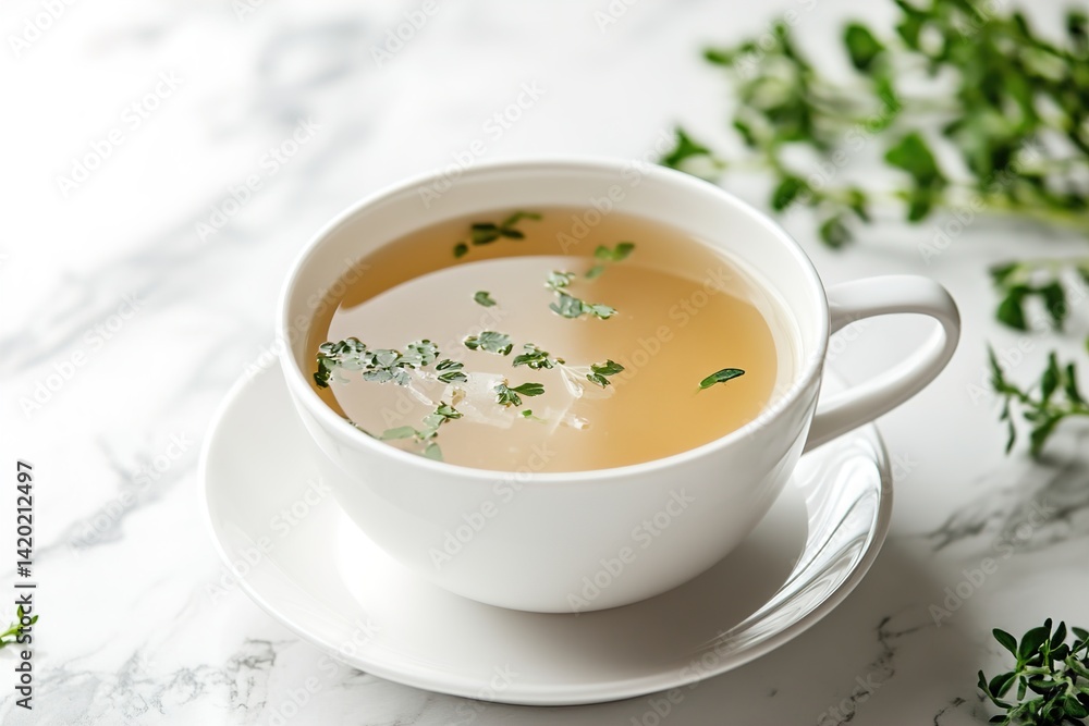 A Single Cup of Miso Broth on a Plain Saucer with Clean Lines, Neutral Tones, and a Crisp White Background for a Calming, Minimalist Dining Aesthetic A Single Cup of Miso Broth on a Plain Saucer with Clean Lines, Neutral Tones, and a Crisp White Background for a Calming, Minimalist Dining Aesthetic