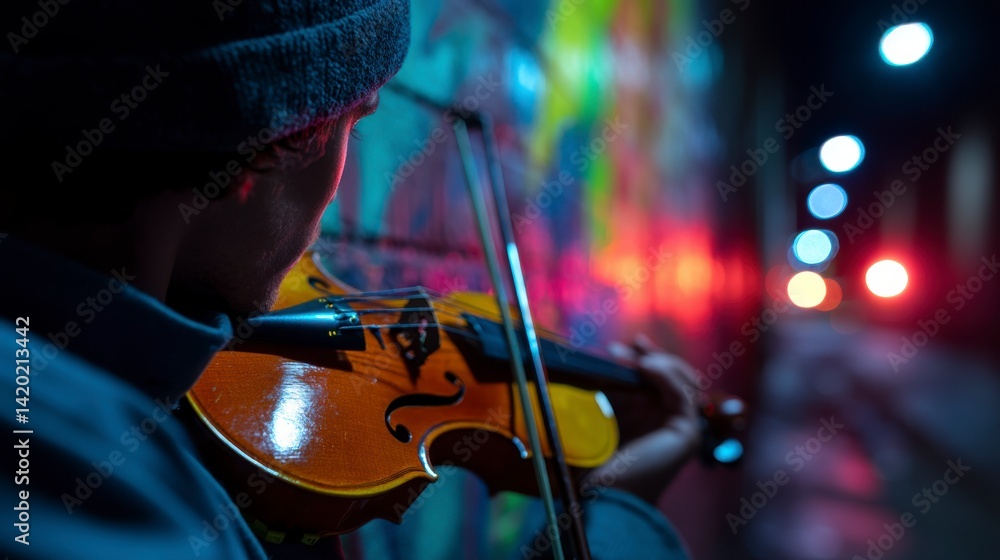 Fototapeta premium Musician Playing Violin in Vibrant Urban Alleyway Illuminated by Colorful Lights at Night