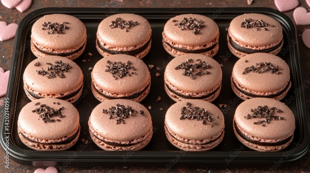 Tray of chocolate macarons with topping & heart decor Tray of chocolate macarons with topping & heart decor