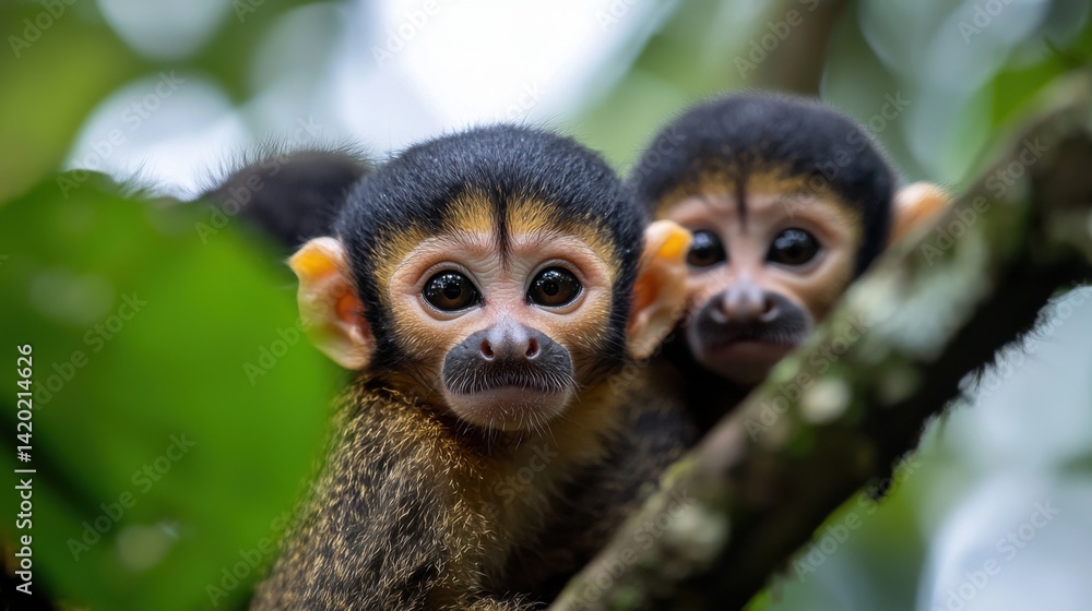 Two baby monkeys are sitting on a tree branch Two baby monkeys are sitting on a tree branch