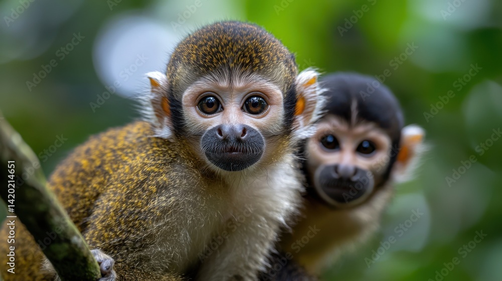 Two baby monkeys are sitting on a branch, looking at the camera Two baby monkeys are sitting on a branch, looking at the camera