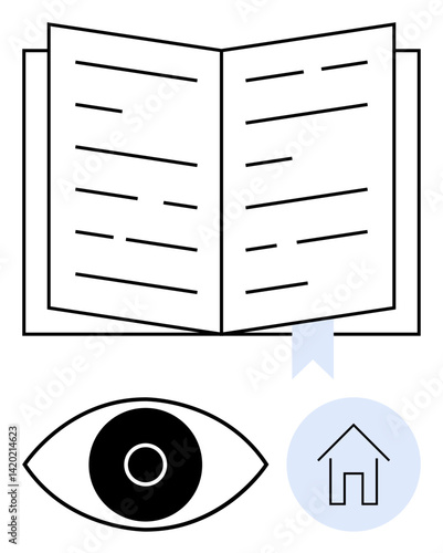 Open book with bookmark flanked by large eye and home icon. Ideal for education, reading promotion, online learning, focus, self-study, home-based learning, simple landing page