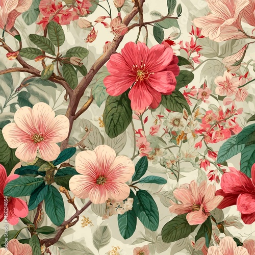 A luxurious wallpaper of a floral arrangement of tree peonies in soft pink, red and green tones, intertwined with delicate branches and leaves in vector style. The background has a light, neutral shad