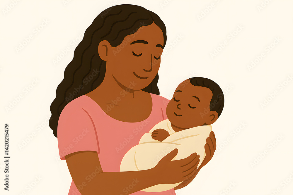 Obraz premium ilustração de mãe segurando um recém-nascido, demografia e natalidade no Brasil, para o Dia das Mães