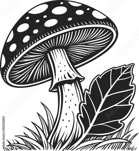 Artistic Black-and-White Illustration of a Mushroom with Leaf Design