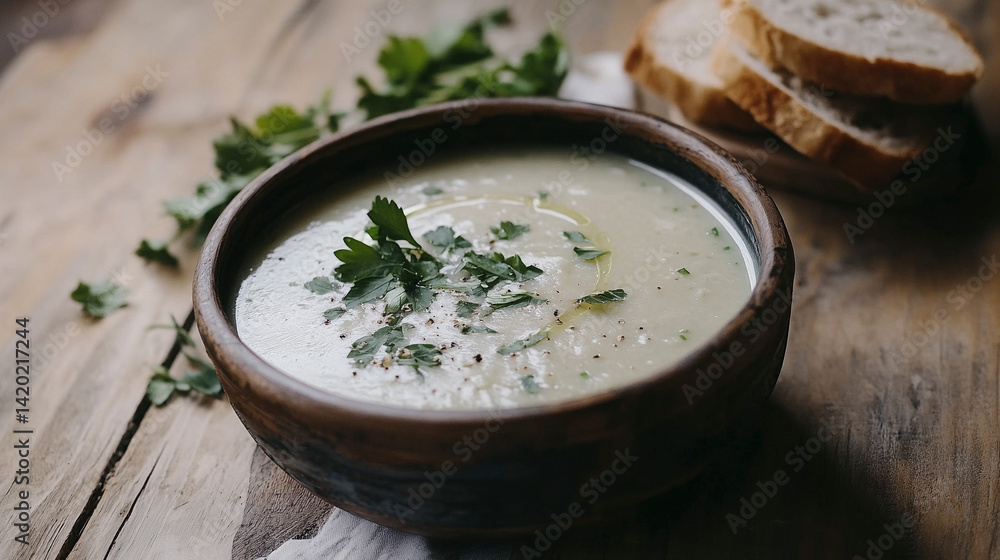 Cabbage soup in a rustic bowl with fresh herbs and bread on the side Cabbage soup in a rustic bowl with fresh herbs and bread on the side