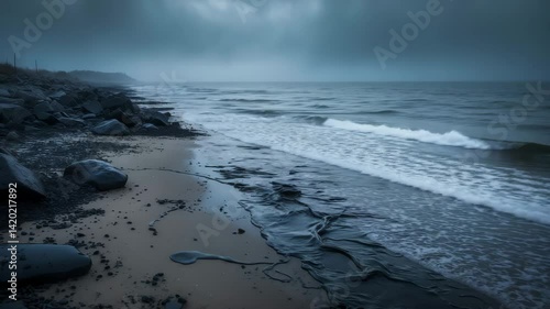 Fuel oil contamination on beach after tanker accident