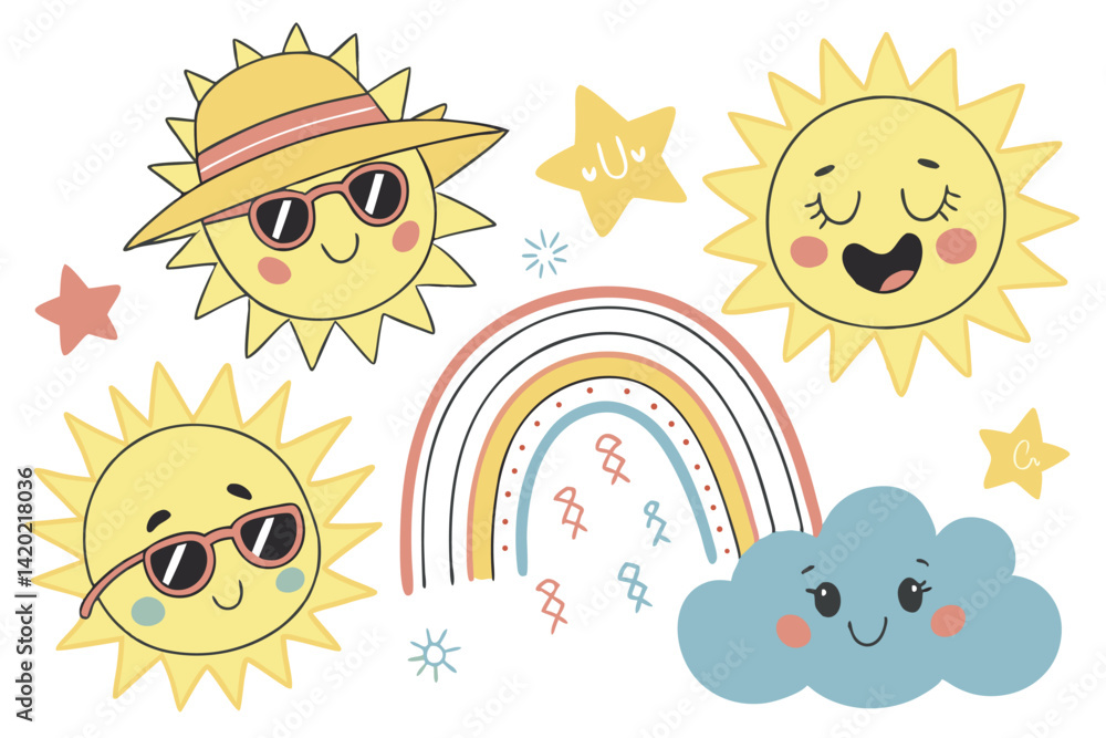 16 Cute cartoon suns, happy sun faces, kawaii weather elements, cheerful sun characters, pastel rainbow, fluffy clouds, colorful stars, playful sun expressions, sun wearing sunglasses, sun with hat, s