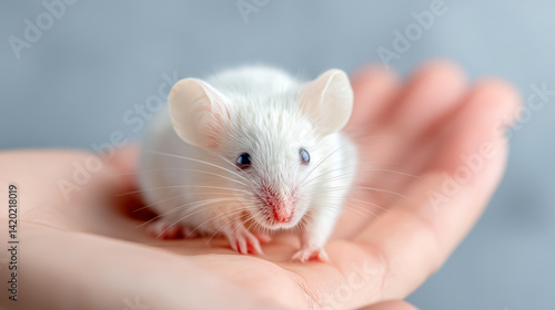 A small white mouse with large ears and bright eyes sits comfortably in an open palm, displaying its soft fur