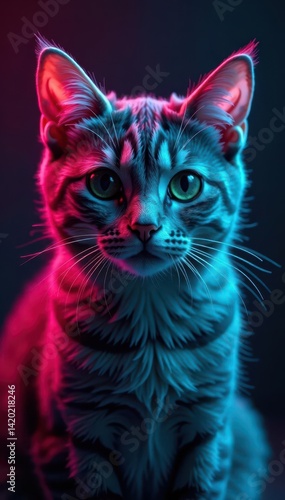 Gray feline, vibrant neon reflection, inquisitive stare , abstract, lights