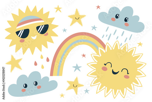 16 Cute cartoon suns, happy sun faces, kawaii weather elements, cheerful sun characters, pastel rainbow, fluffy clouds, colorful stars, playful sun expressions, sun wearing sunglasses, sun with hat, s