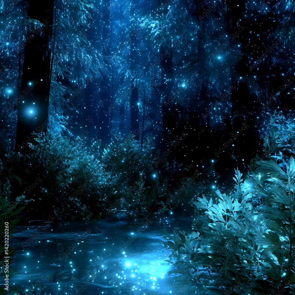 Fototapeta premium Mystical Forest at Twilight Illuminated by Soft Light and Subtle Glimmering Fireflies Display.