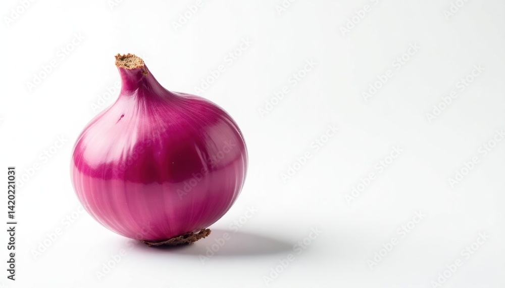 Fototapeta premium Single red onion, vibrant color, clean white backdrop, root vegetable, cooking