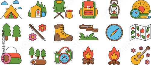 Camping and Hiking Adventure Icons Set Illustration