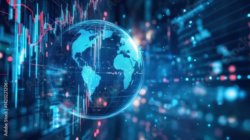Digital globe with trading graphs. Global finance and business, technology and data visualization