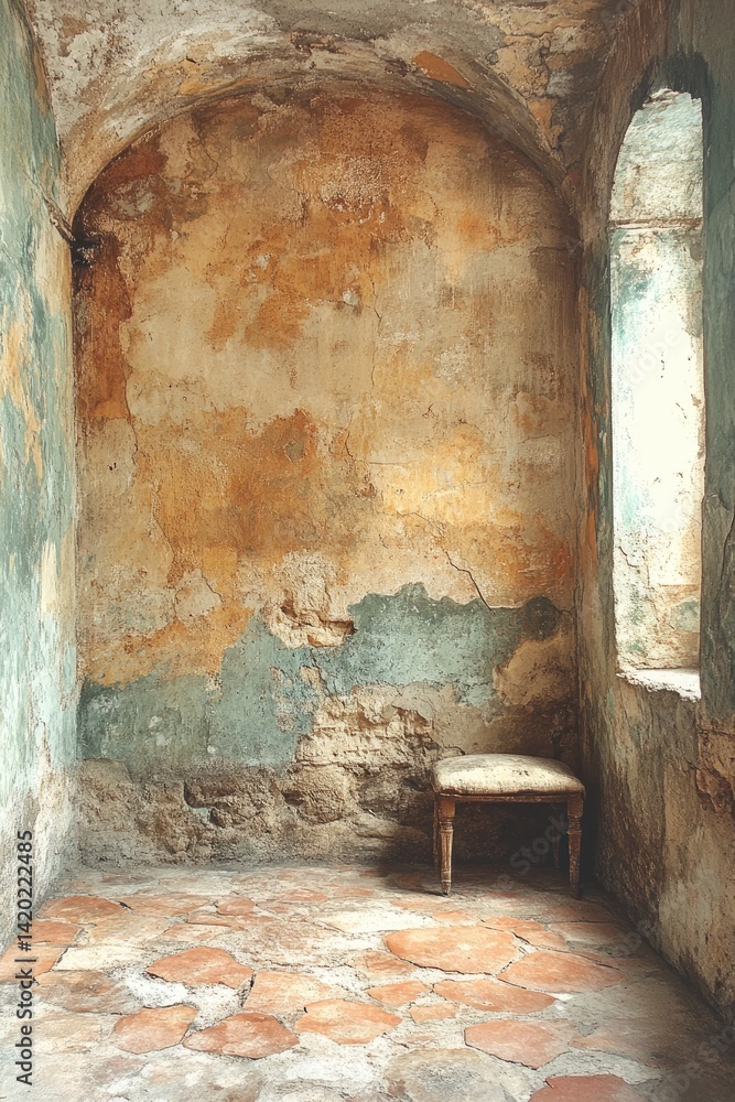 Old room with textured walls window and chair. Old room with textured walls window and chair.