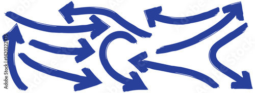 Blue hand-drawn vector arrow set. Arrow crayon brush doodle chalk line stroke. Sketch pencil texture line scribble arrow icon on a white background