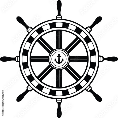 Nautical Ship Wheel with Anchor Emblem Silhouette Vector.