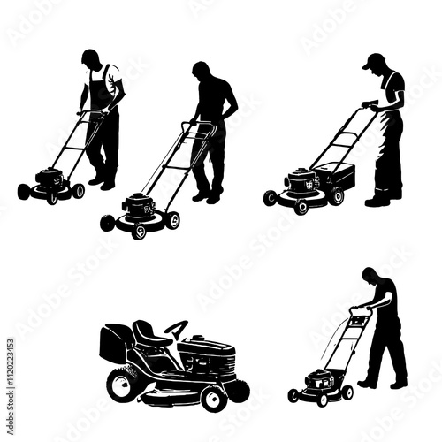 Lawn Mower Worker Silhouettes Vector Set
