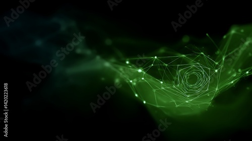 Networked Connection with Abstract Data Points in Green Hue on Dark Background for Technology Theme.