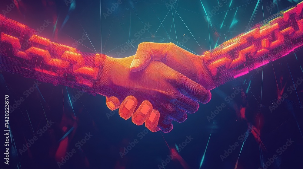 Fototapeta premium Two hands shake with a digital glow. Represents partnership and agreement