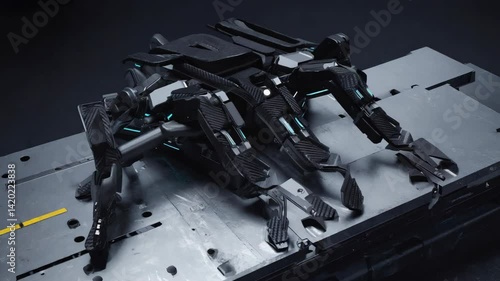 Detailed view of a futuristic carbon fiber hexapod robot with sharp edges resting on a metal surface. Science fiction technology concept.