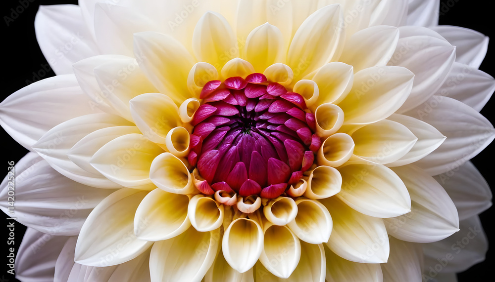 Close up macro shot of a beautiful dahlia flower with white and yellow petals and purple center bloom Close up macro shot of a beautiful dahlia flower with white and yellow petals and purple center bloom
