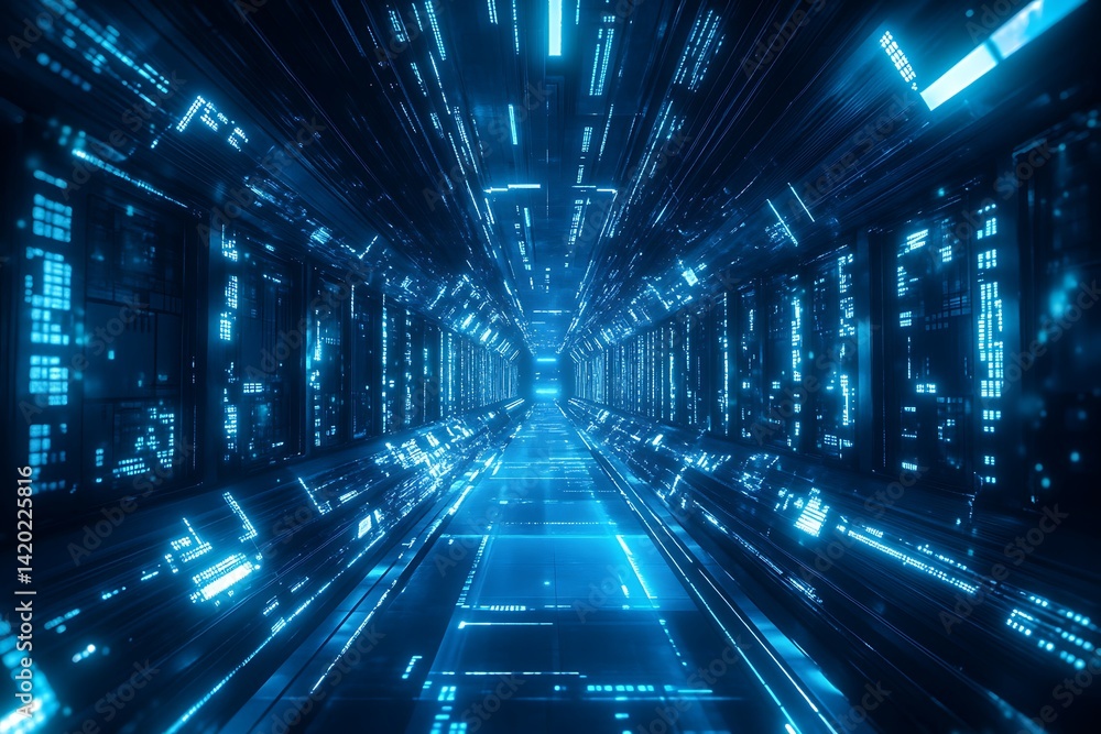 Futuristic blue tunnel with glowing lines and data streams, representing digital technology and innovation Futuristic blue tunnel with glowing lines and data streams, representing digital technology and innovation
