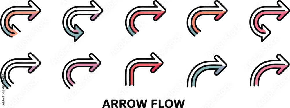 Ten Colorful Curved Arrows Flowing Rightward Ten Colorful Curved Arrows Flowing Rightward