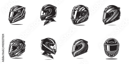 set of Motorcycle helmet black and white vector illustration 