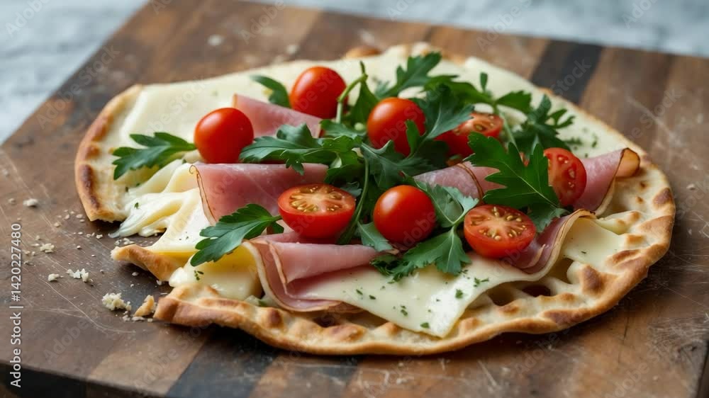 Romagna flatbread with cheese, ham, tomatoes, and rocket on a chopping board Romagna flatbread with cheese, ham, tomatoes, and rocket on a chopping board