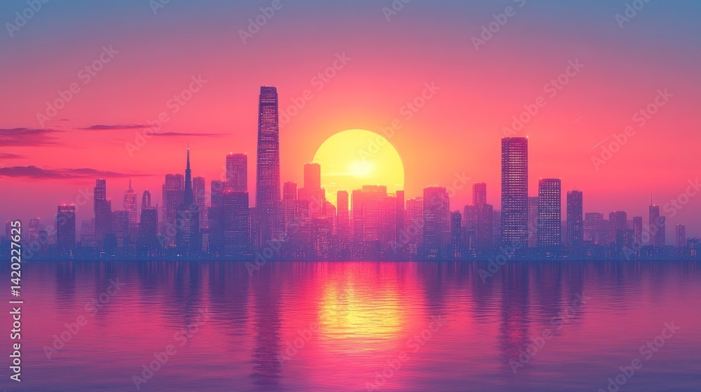 Fototapeta premium Cityscape sunrise over water, vibrant sky