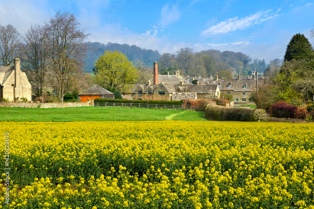 Idyllic village in the English Cotswolds with yellow rapeseed field in the foreground, Gloucestershire, England, UK