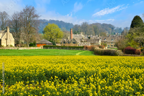 Obraz na płótnie Idyllic village in the English Cotswolds with yellow rapeseed field in the foreground, Gloucestershire, England, UK w salonie
