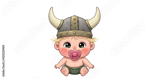 Adorable baby in viking helmet cartoon illustration