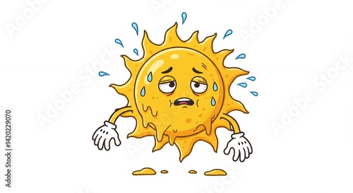 Cartoon sun character experiencing intense heat summer weather illustration