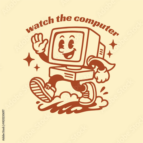 vintage computer mascot walking while waving for a t-shirt design