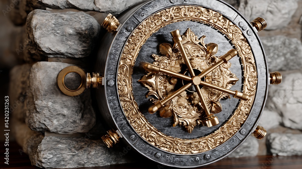 Ornate Vault Door Wheel Combination Lock Security Device Medieval Renaissance Metallic Object. Ornate Vault Door Wheel Combination Lock Security Device Medieval Renaissance Metallic Object.