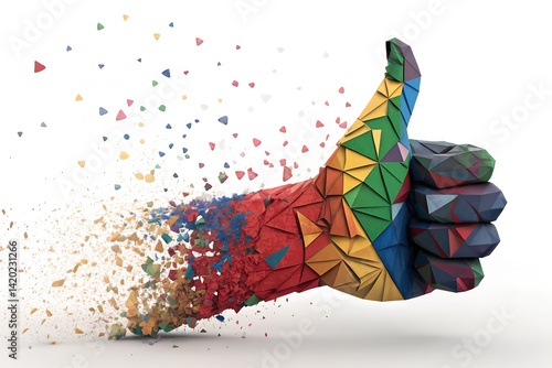 Exploding Thumbs-Up Gesture in Vibrant Geometry.