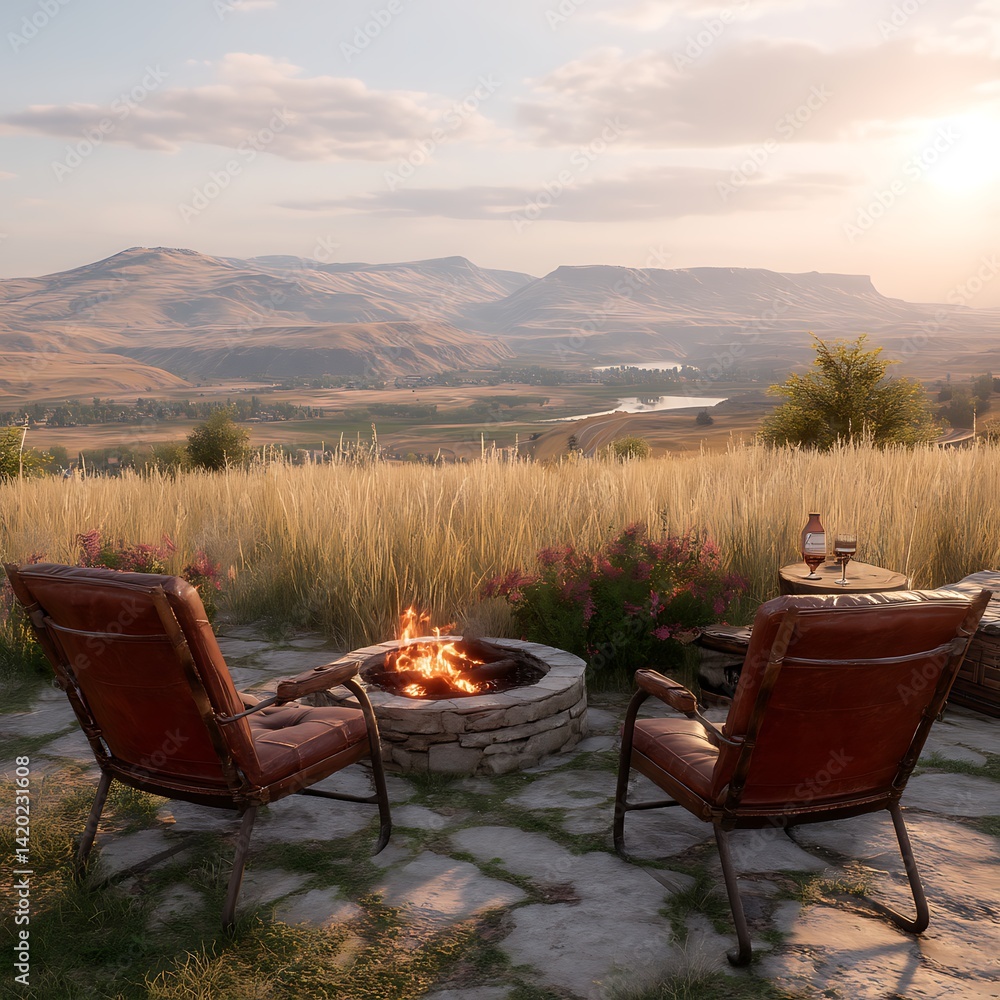 Fototapeta premium Outdoor Cozy Evening with Fire Pit and Two Chairs Overlooking Calm Valley and Sunset in the Horizon