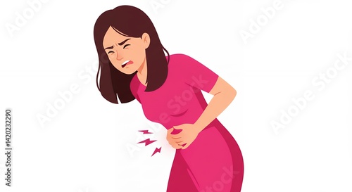 Woman experiencing severe stomach pain medical illustration