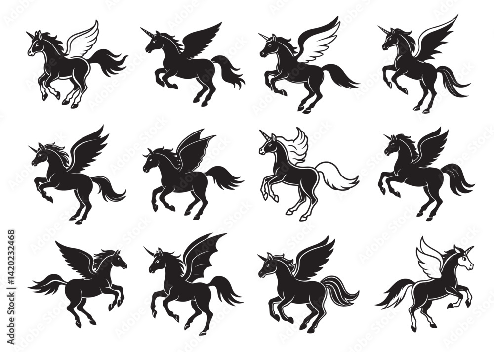 Flying horse unicorn silhouette vector Set Flying horse unicorn silhouette vector Set