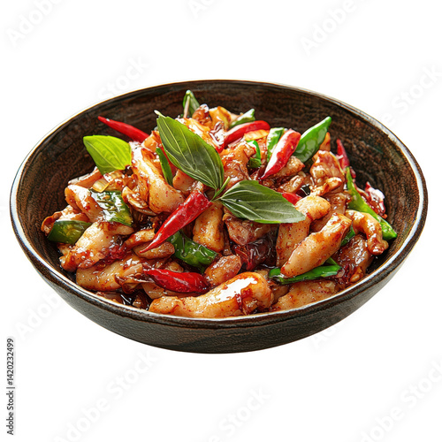 Spicy Stir-Fried Chicken with Red Chili and Basil in Bowl